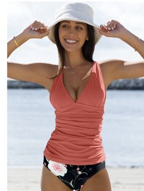 Solid Coral V-Neck Tankini with Colorful Floral Bottoms.